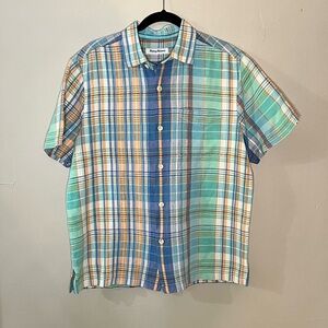 Tommy Bahama Shirt Mens Large Blue Plaid Linen Silk Blend Short Sleeve Casual